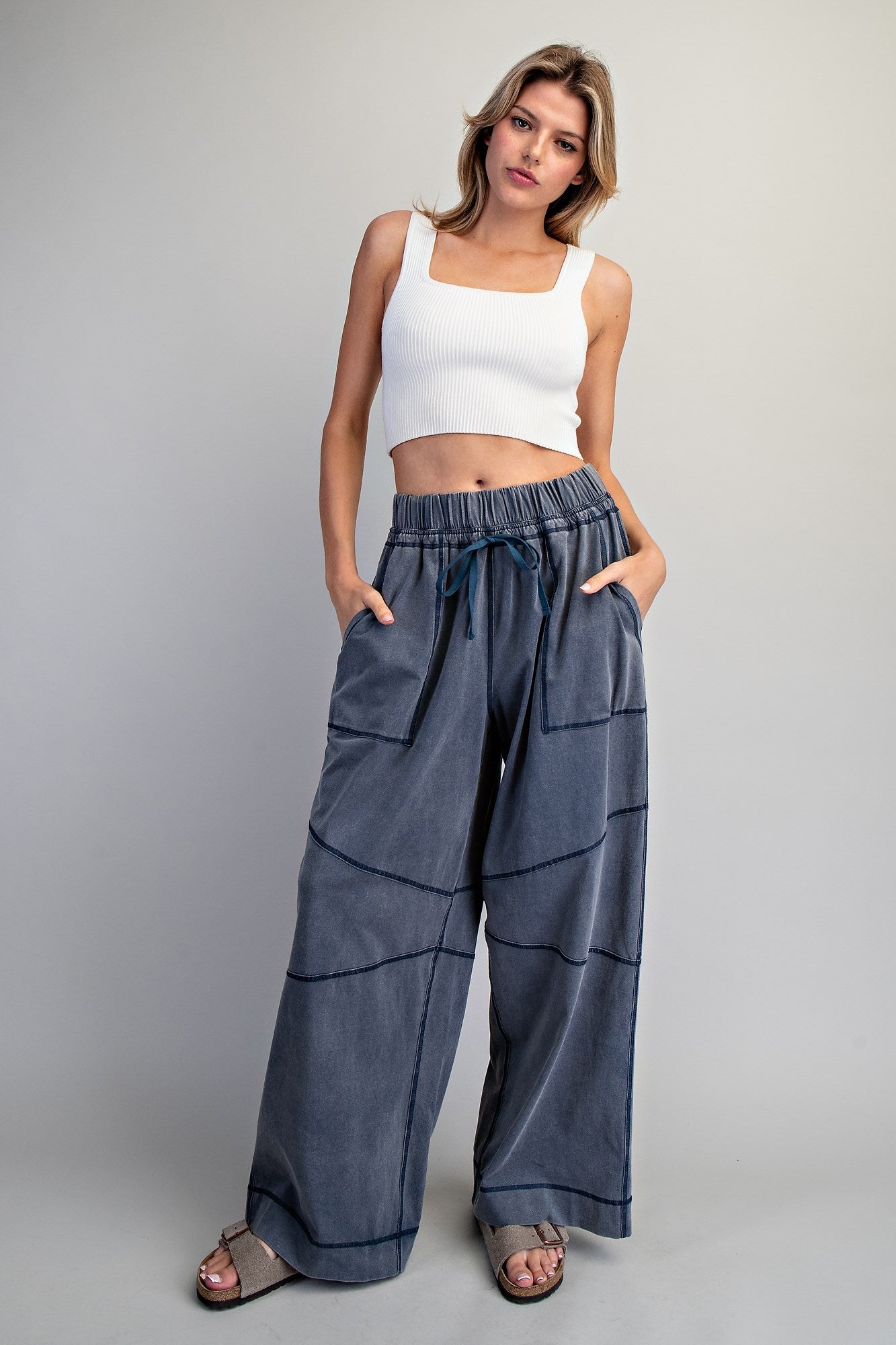 Exposed Seam Blue Mineral Wash Draw String Pants