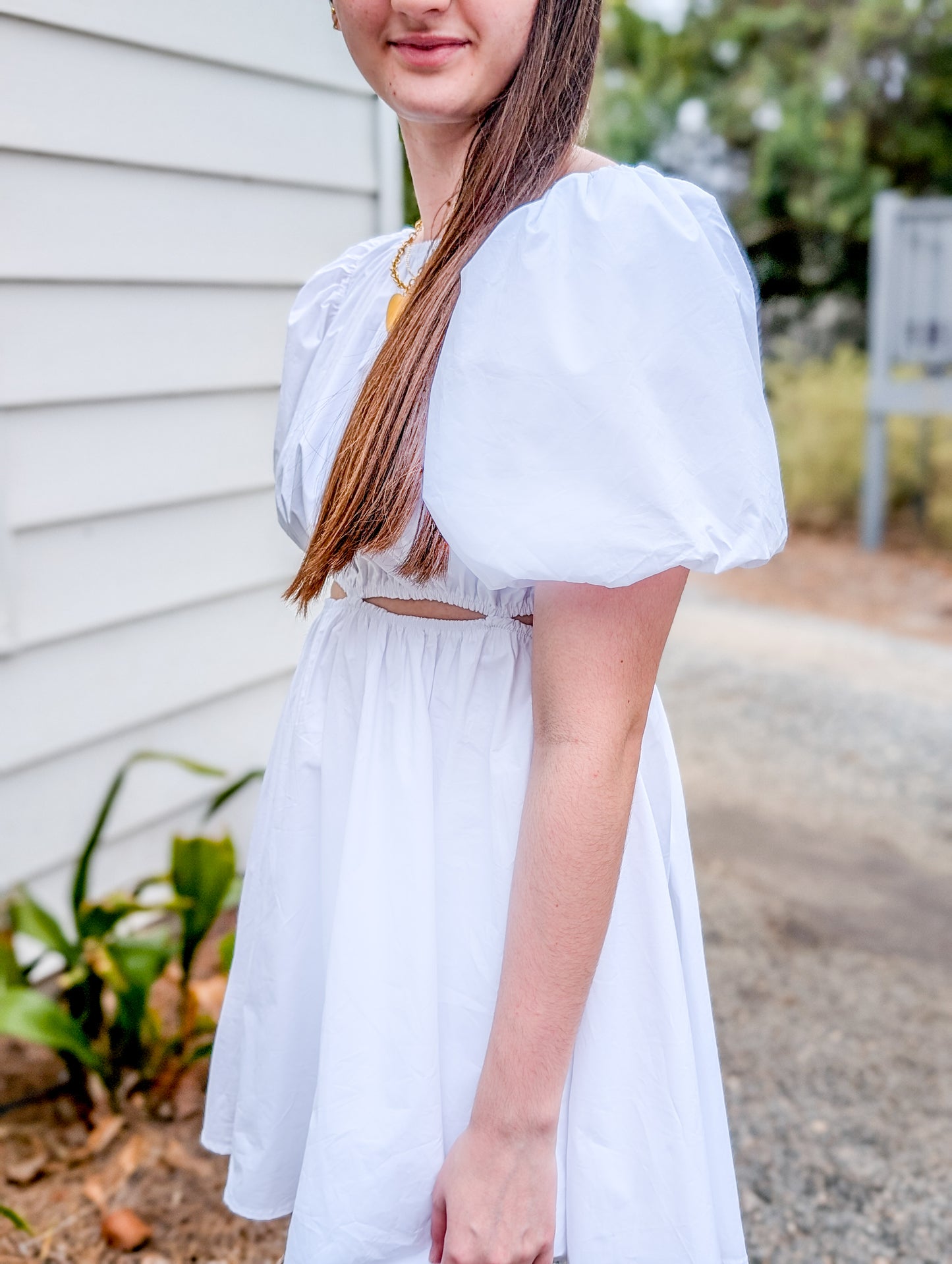 White Bubble Sleeve Midi Dress With Cut-Outs