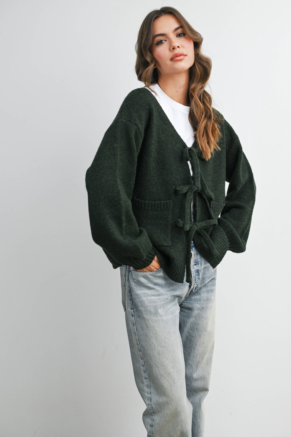 Knot Front Long Sleeve V-Neck Cardigan