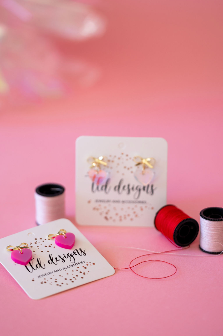 Light Acrylic Pink Bow and Heart Stud & Post Earrings