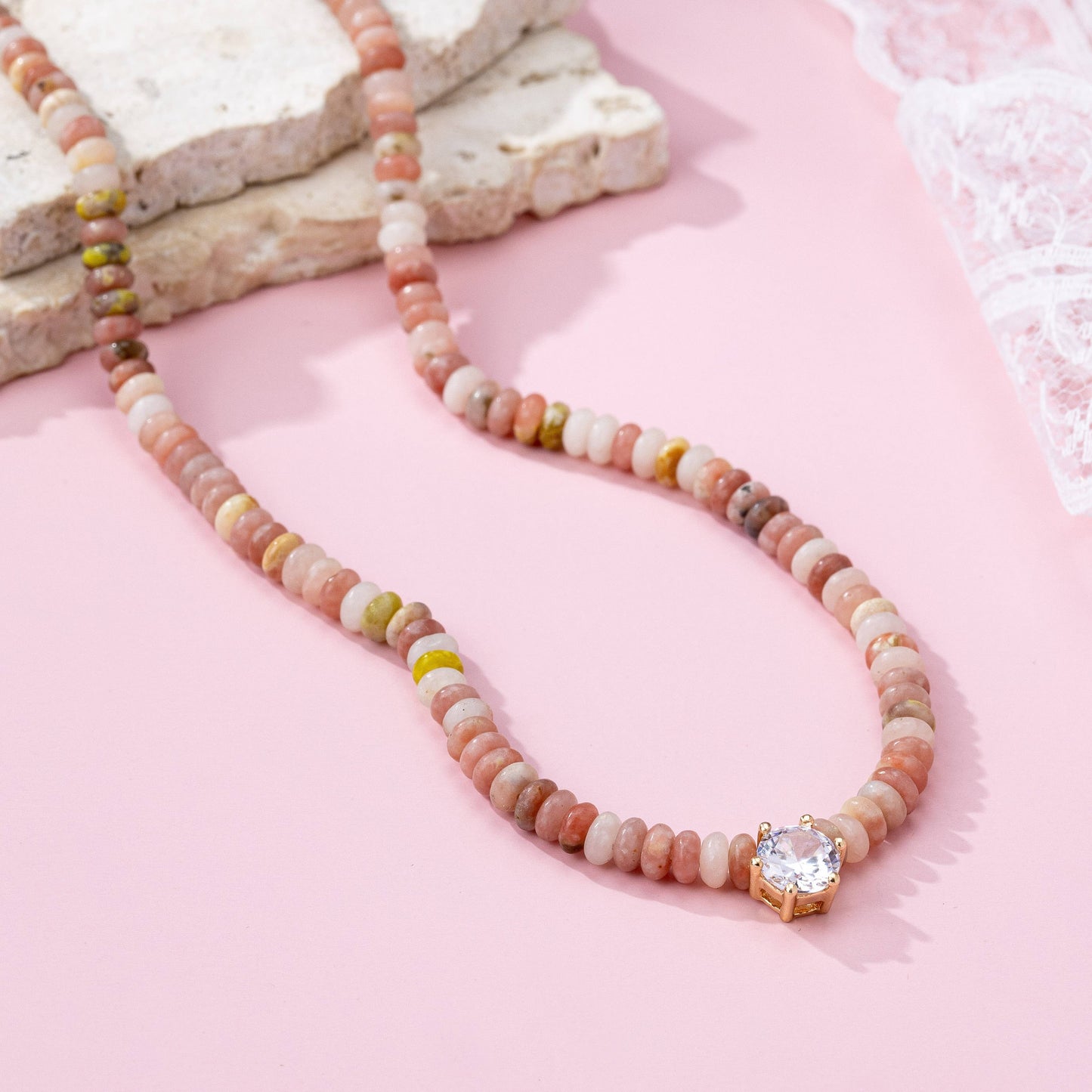 Natural Stone Beaded Charm Necklace