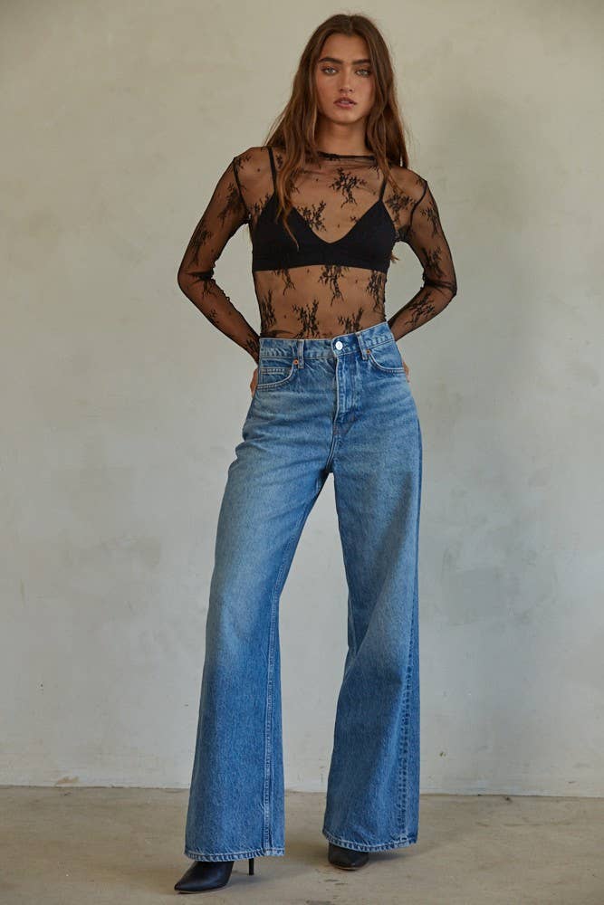 Knit Jacquard Lace Long Sleeve Mock Neck Top