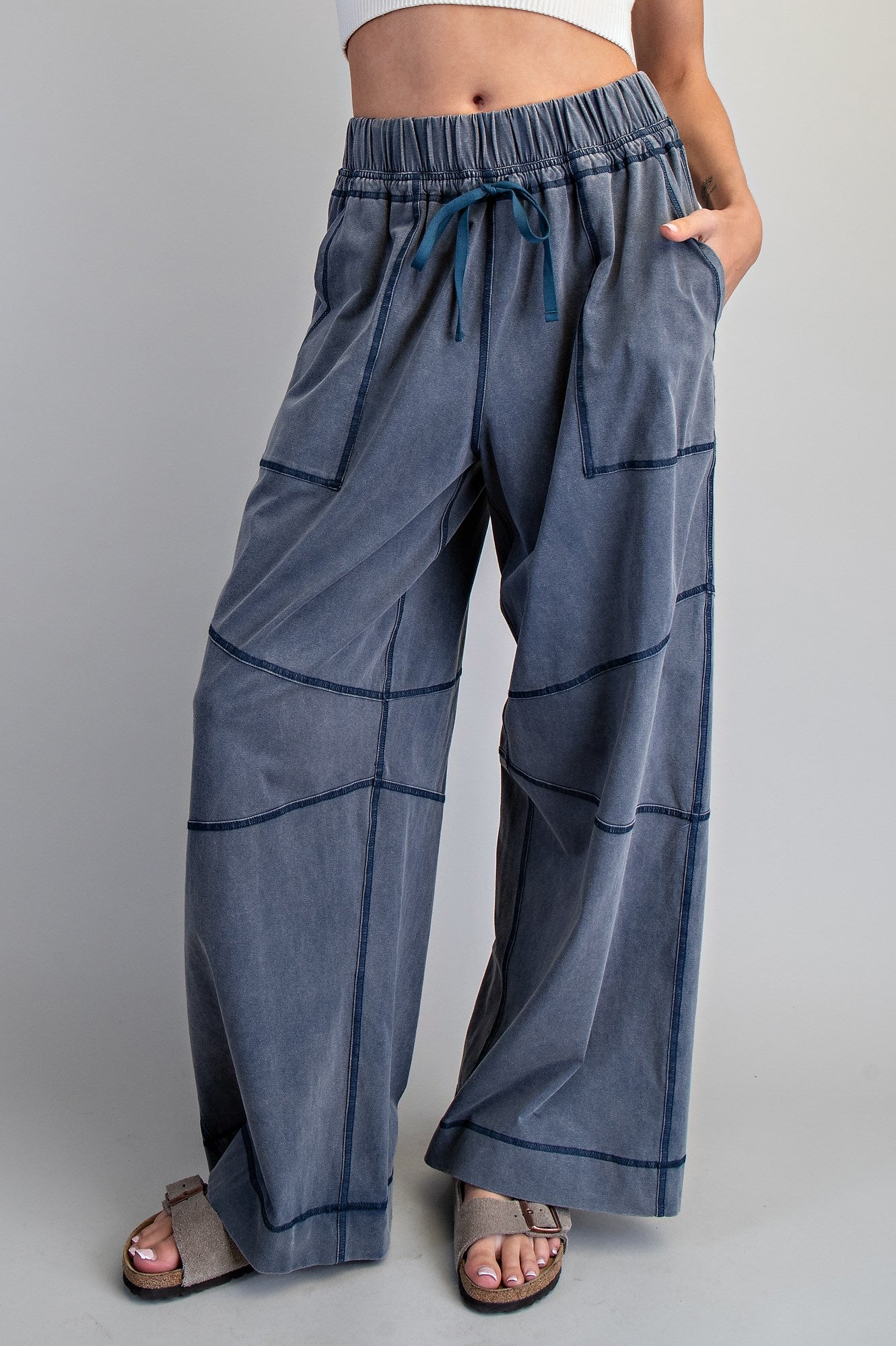 Exposed Seam Blue Mineral Wash Draw String Pants