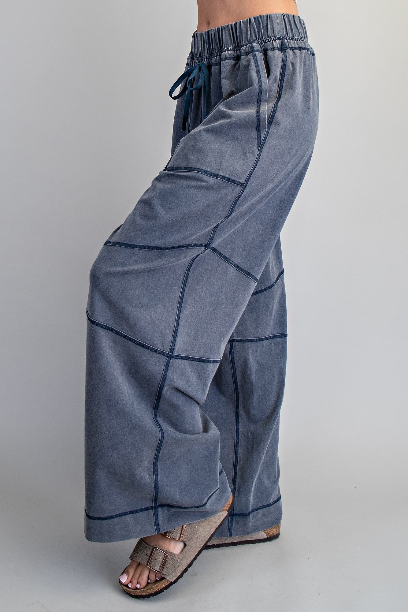Exposed Seam Blue Mineral Wash Draw String Pants