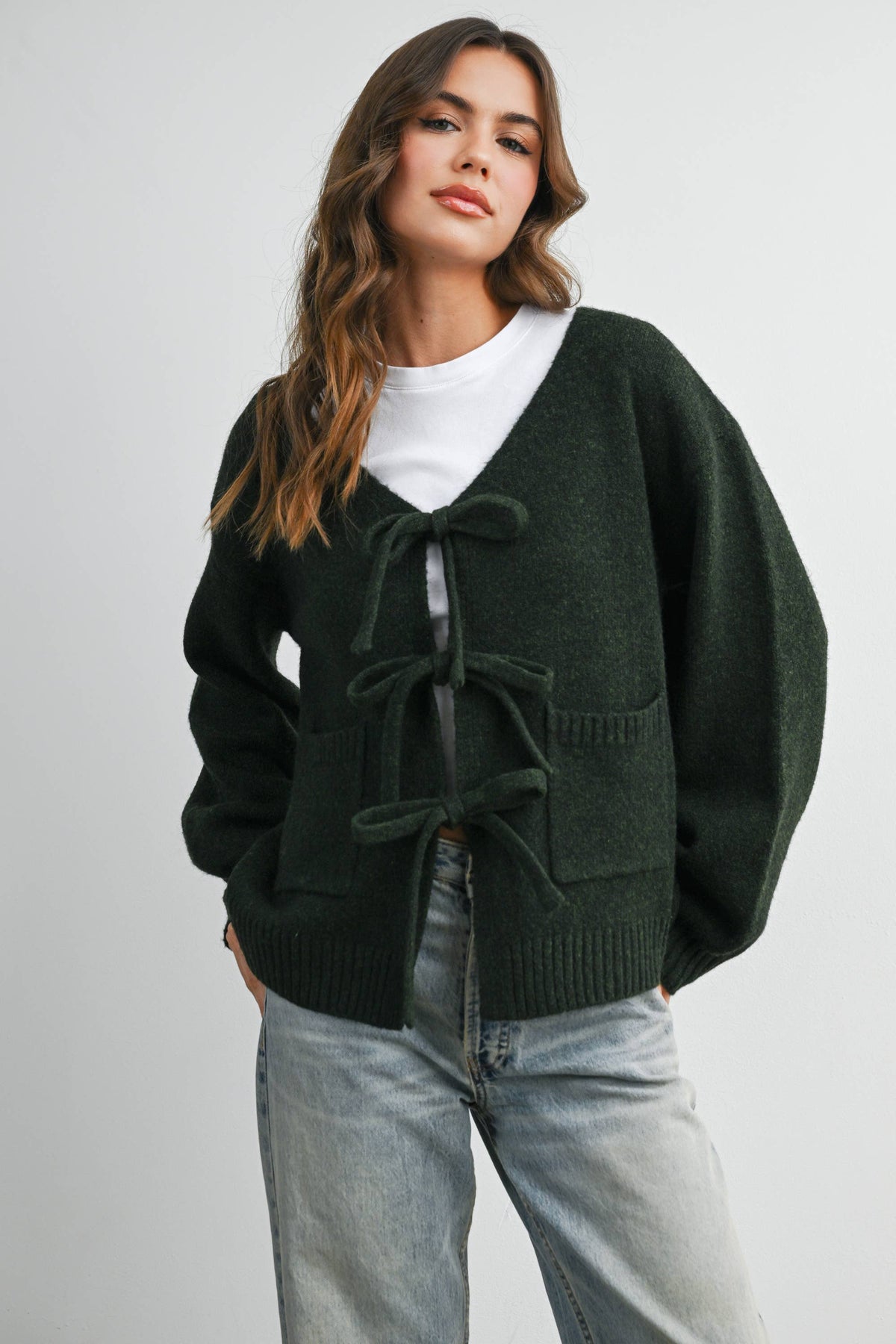 Knot Front Long Sleeve V-Neck Cardigan