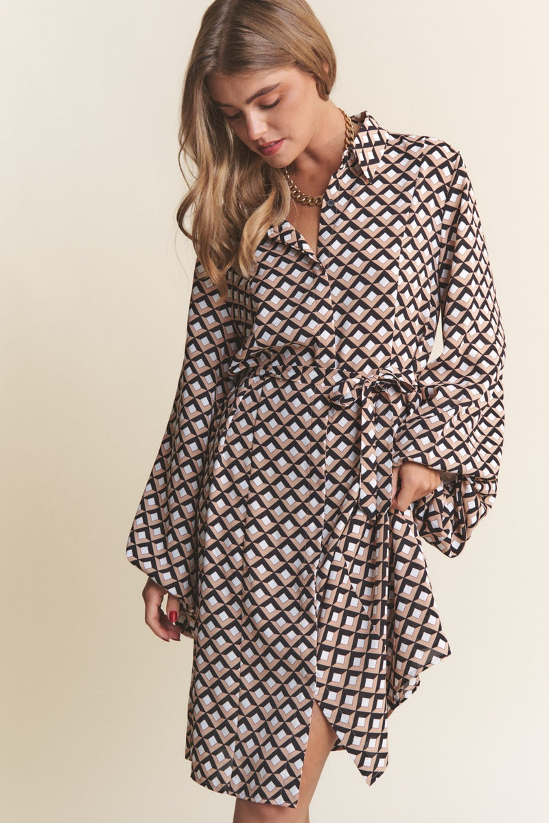 J.NNA Geometric Balloon Long Sleeve Midi Dress