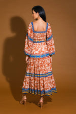 Blue and Orange Print Midi Tie Waist Dress