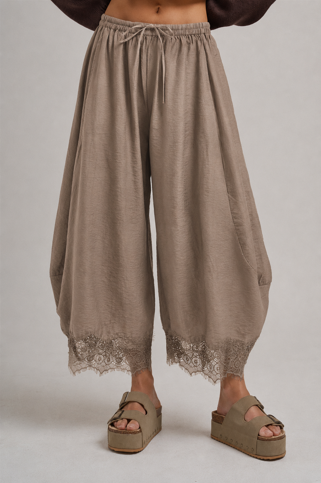 LIGHTWEIGHT FLOWY WIDE BALLOON LEG PANTS WITH DELICATE LACE