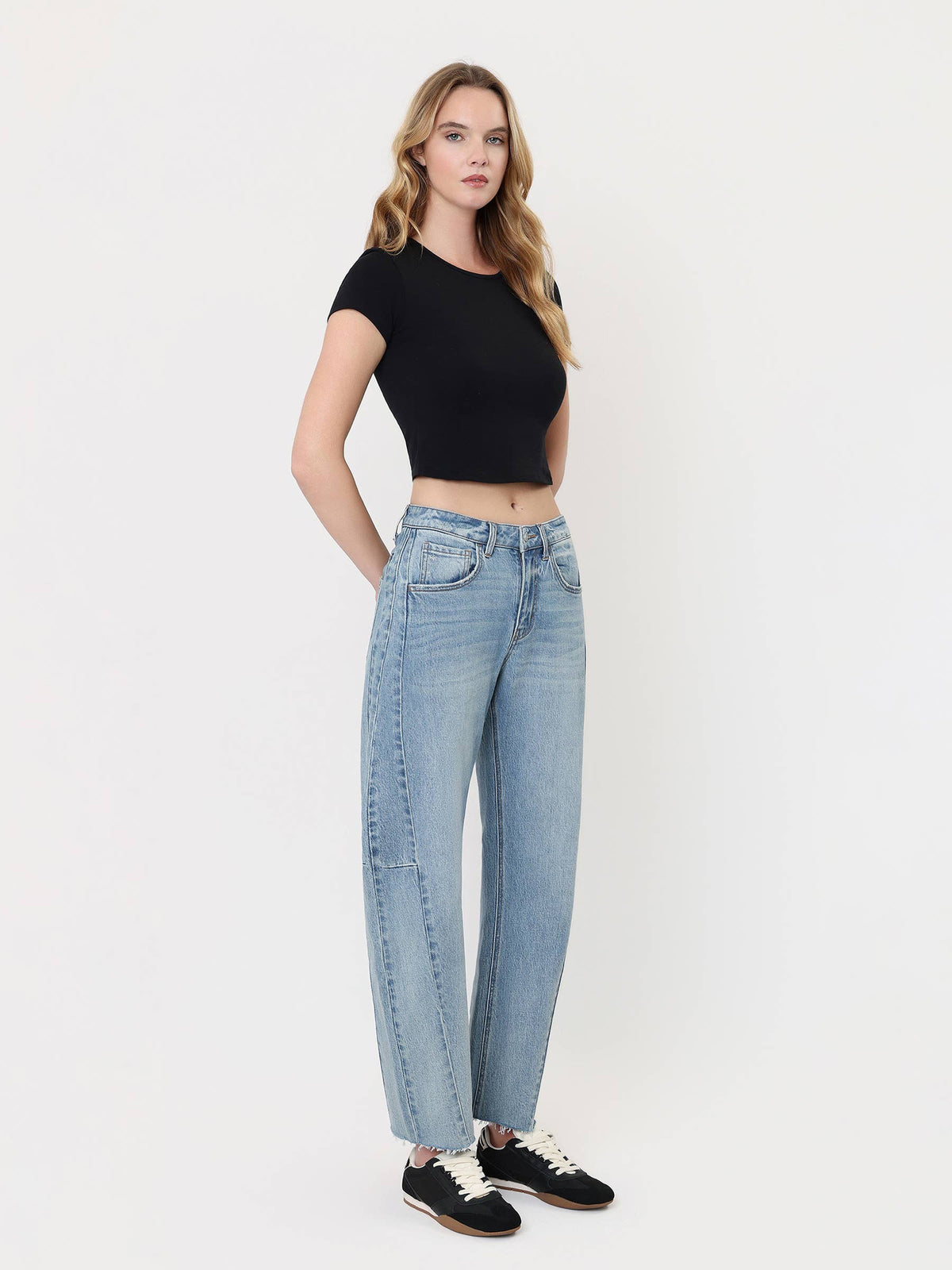 High Rise Raw Hem Paneied Seams Barrel Jeans