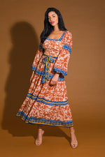 Blue and Orange Print Midi Tie Waist Dress