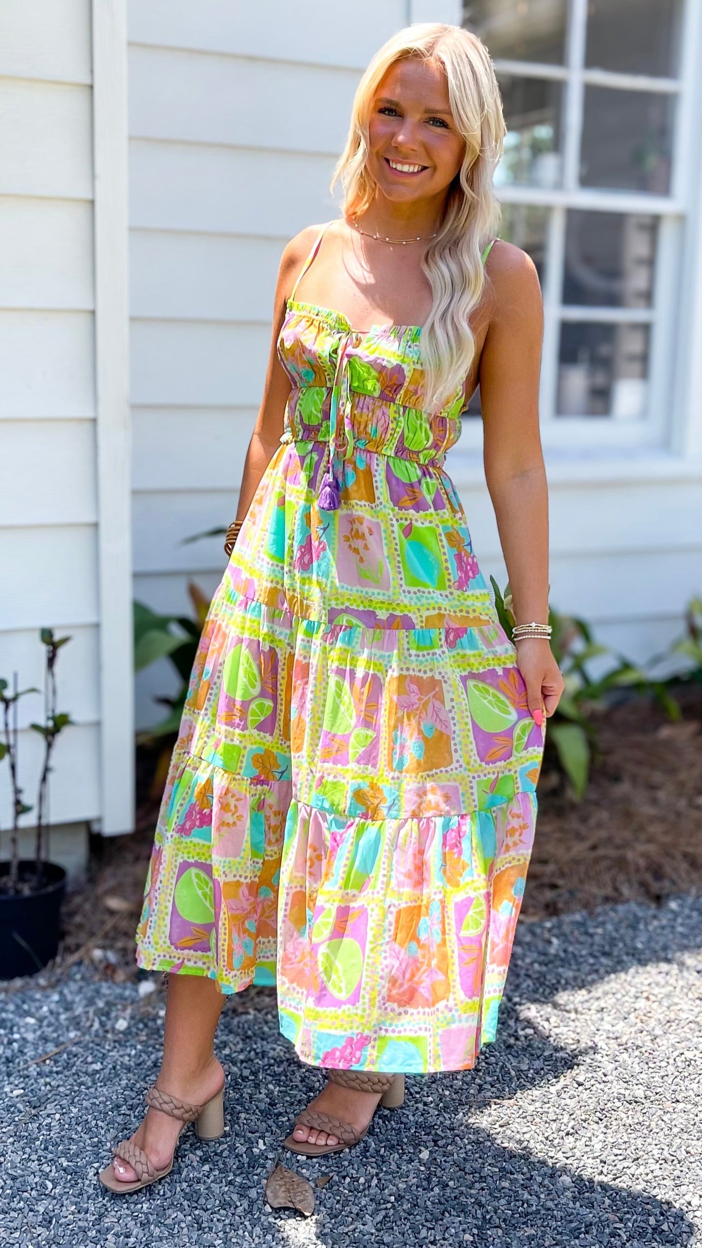 Tropical Mosaic Spaghetti Strap Maxi Dress