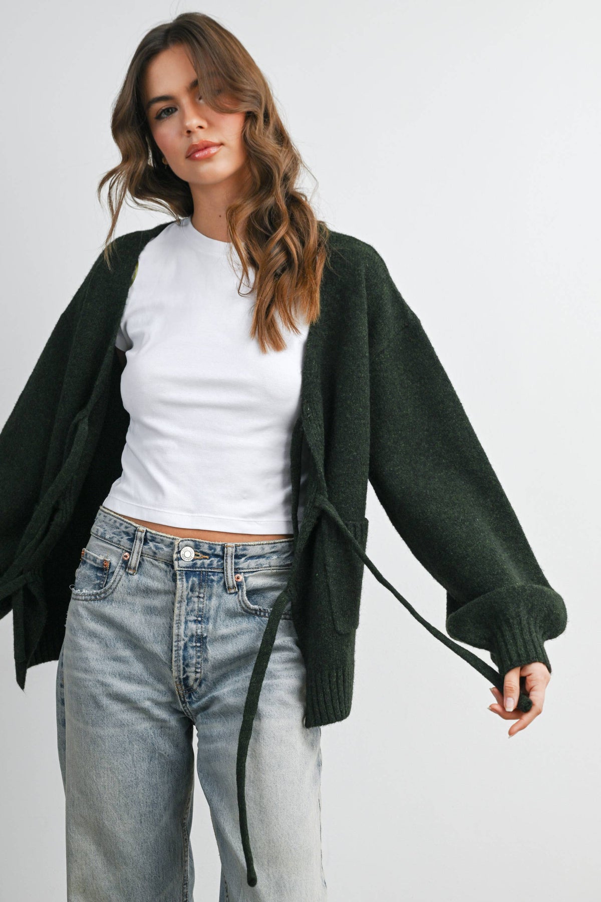 Knot Front Long Sleeve V-Neck Cardigan