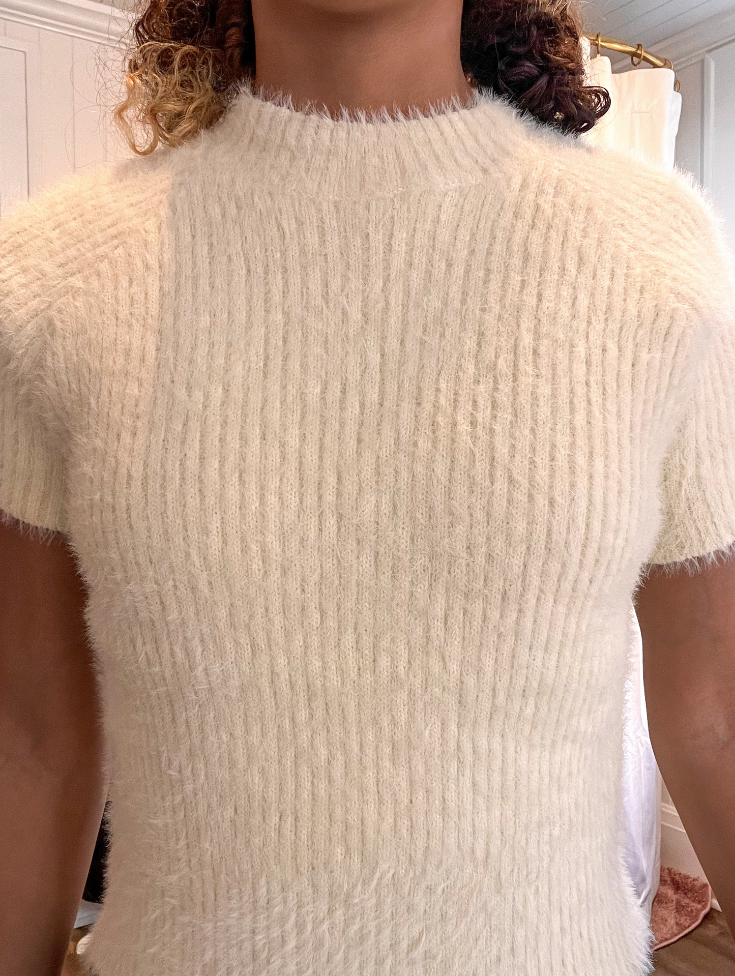 Cream fuzzy short sleeve ribbed sweater