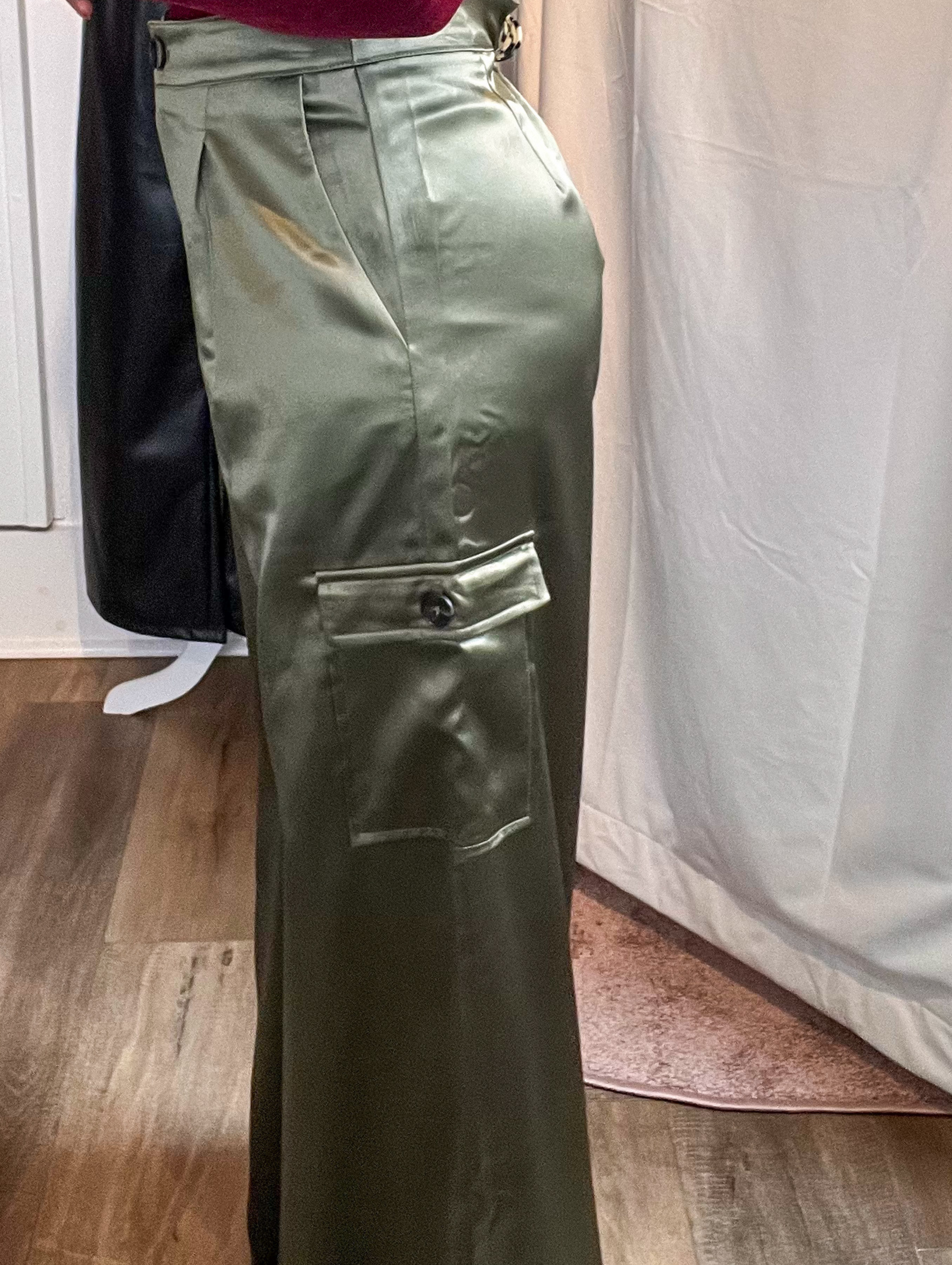 Green Hi rise satin cargo straight leg pants