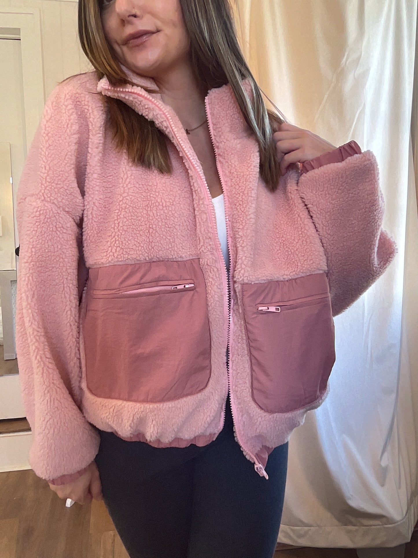 *Final Sale* Pink Fleece Puffer Zip Up Jacket with Cargo Pockets