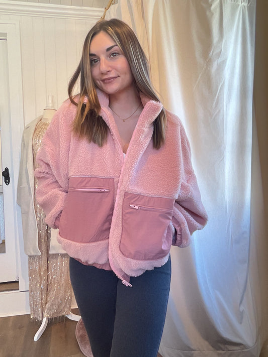 *Final Sale* Pink Fleece Puffer Zip Up Jacket with Cargo Pockets