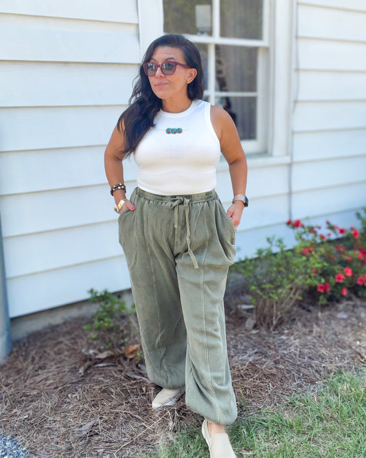 Olive Washed Waffle Knit Joggers