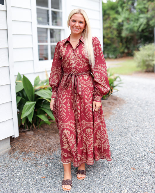 Burgundy Woven Midi Dress