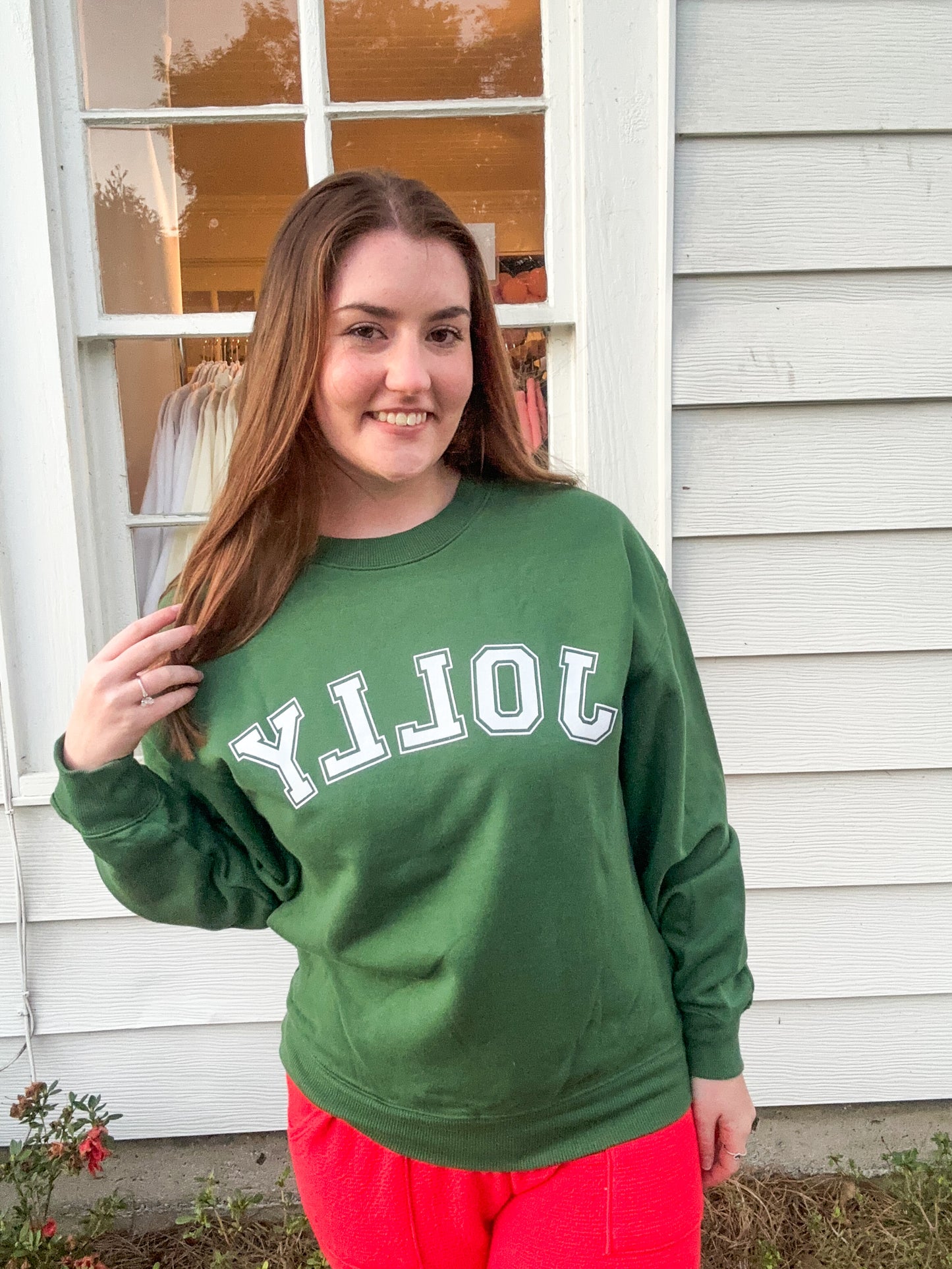 Dark Green Sweatshirt with White Jolly Stencil Graphic