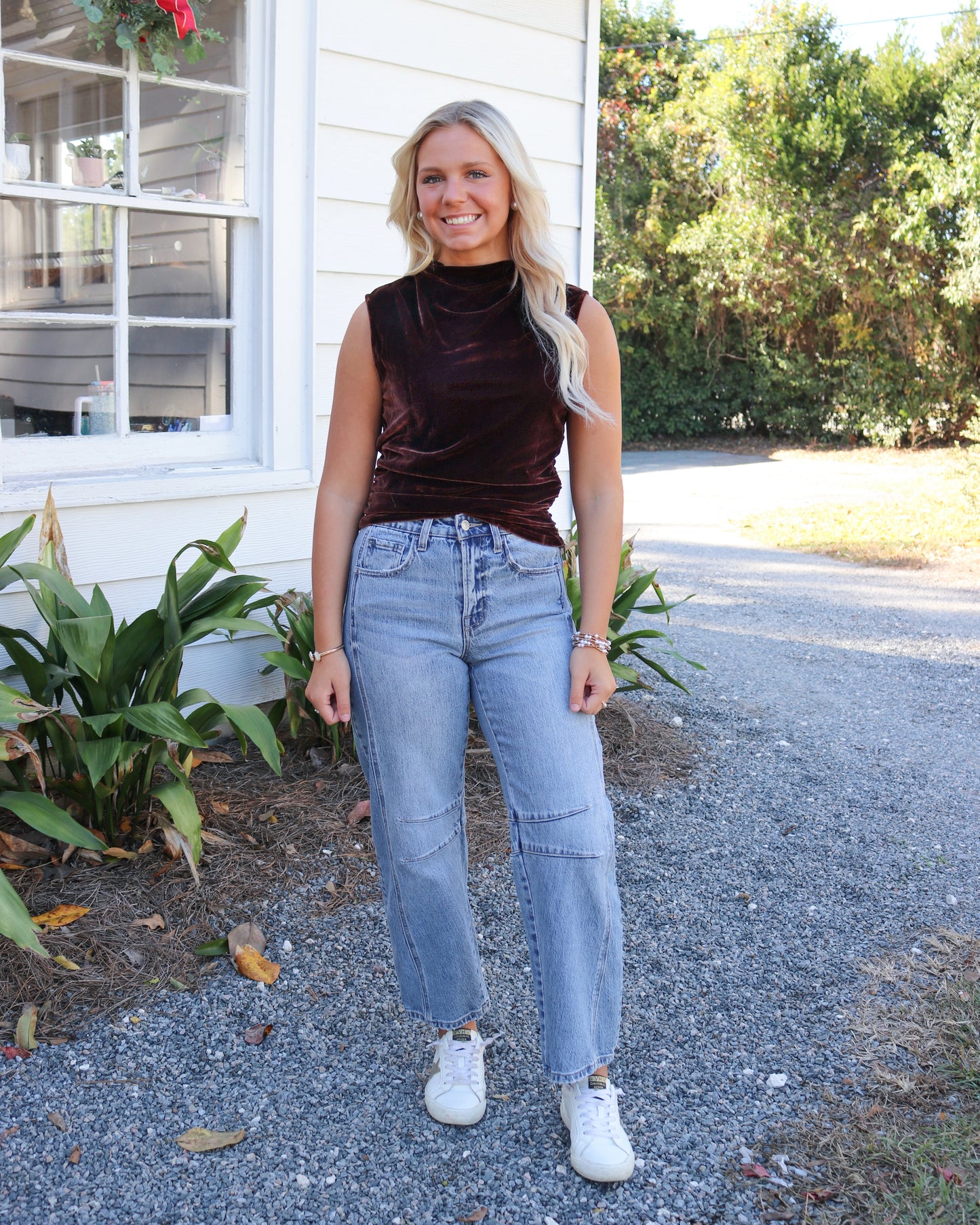 Ruched Velvet High-Neckline Top in Brown