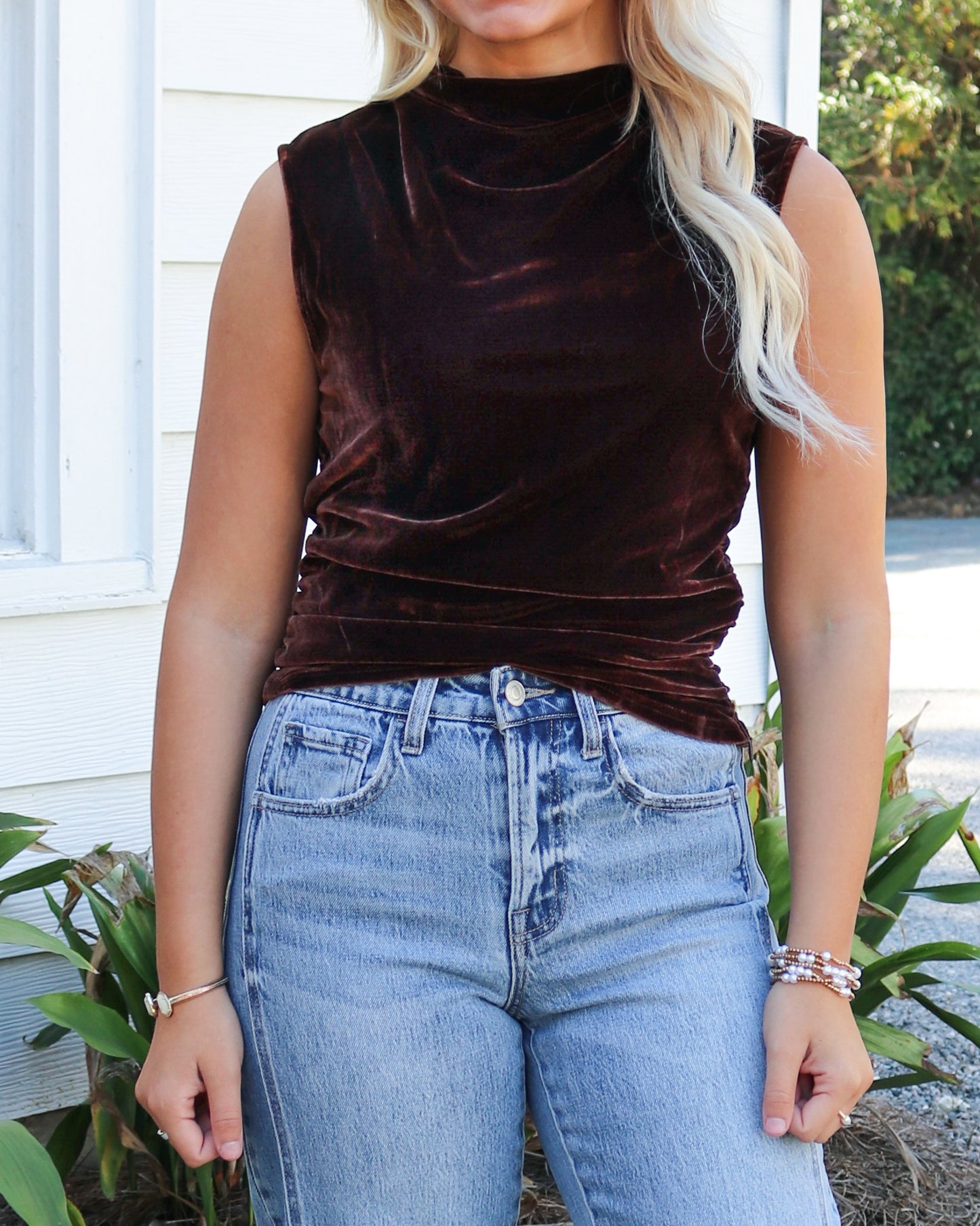 Ruched Velvet High-Neckline Top in Brown