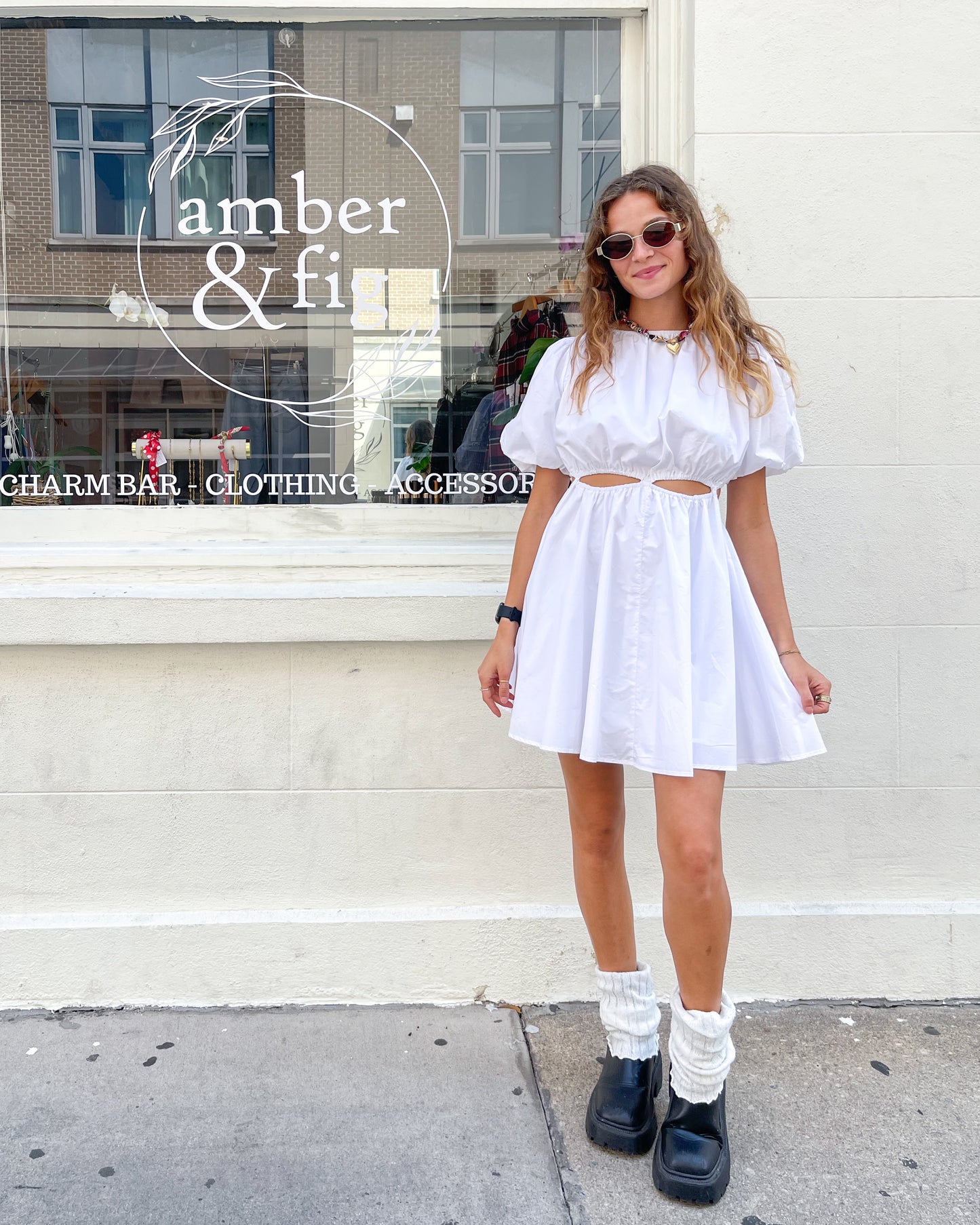 White Bubble Sleeve Midi Dress With Cut-Outs