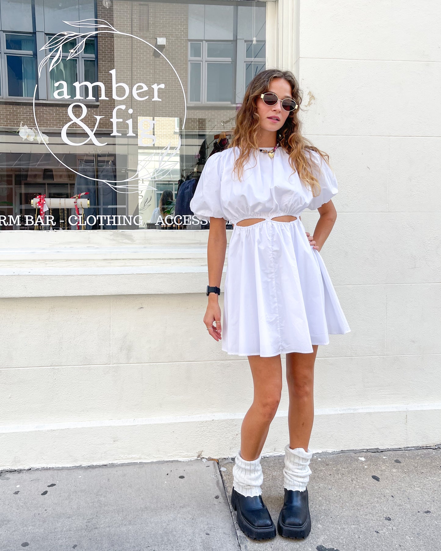 White Bubble Sleeve Midi Dress With Cut-Outs