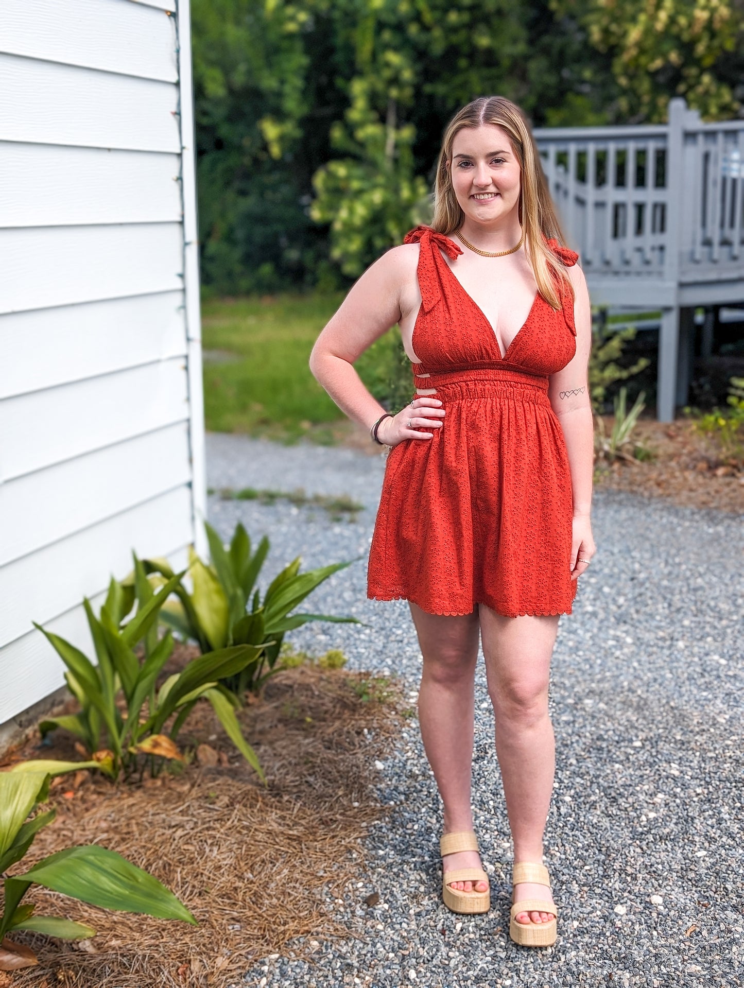 *FINAL SALE*Rust Eyelet Open Side Tie Strap Dress