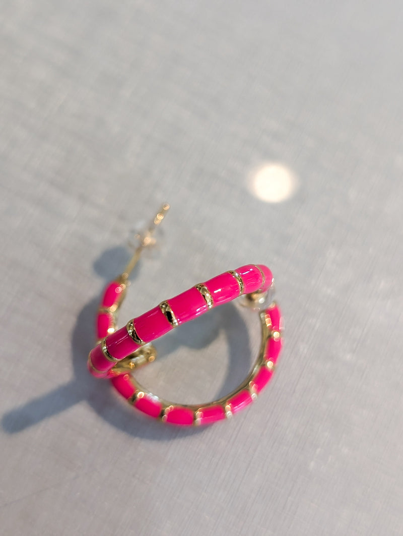 Hot Pink Striped Enamil Hoop Earrings