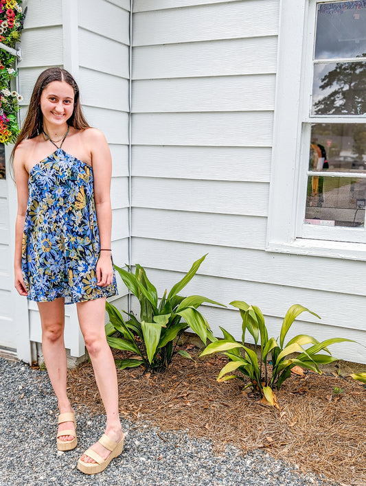 *FINAL SALE*Blue and Yellow Floral Halter Top Mini Dress