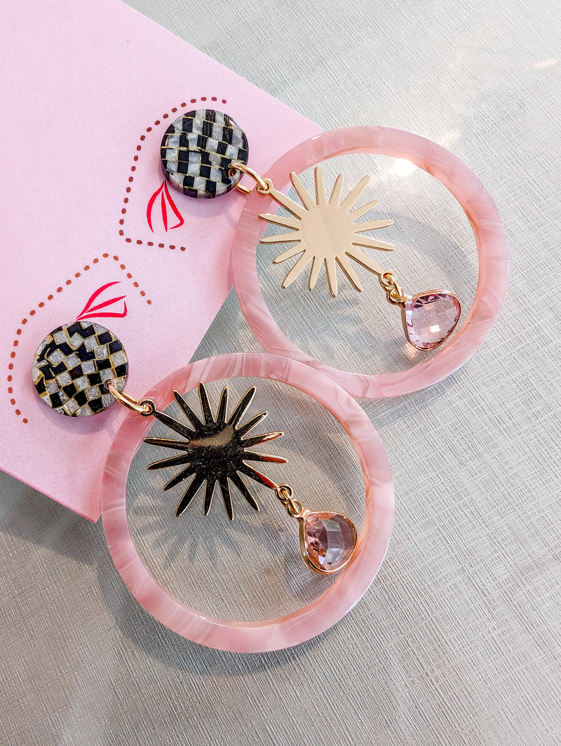 Black and White Checkered Gold Sun Pink Glam Hoop Earrings