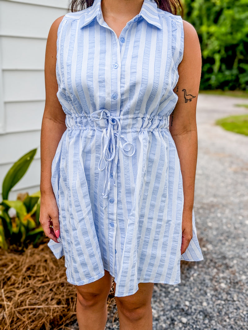 *FINAL SALE*Striped Sleeveless Shirt Dress with Collar & Tie Waist Detail