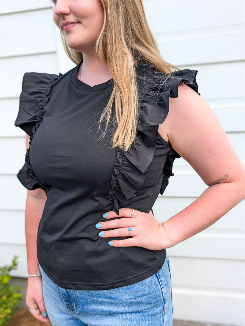 *FINAL SALE*Black Poplin Ruffle Sleeveless Top