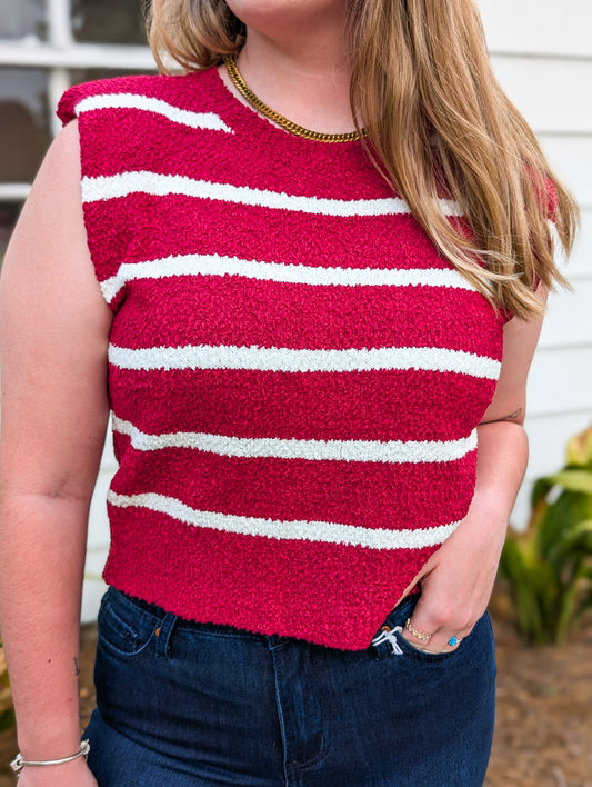 *FINAL SALE*Burgundy & White Striped Shoulder Pad Sleeveless Textured top