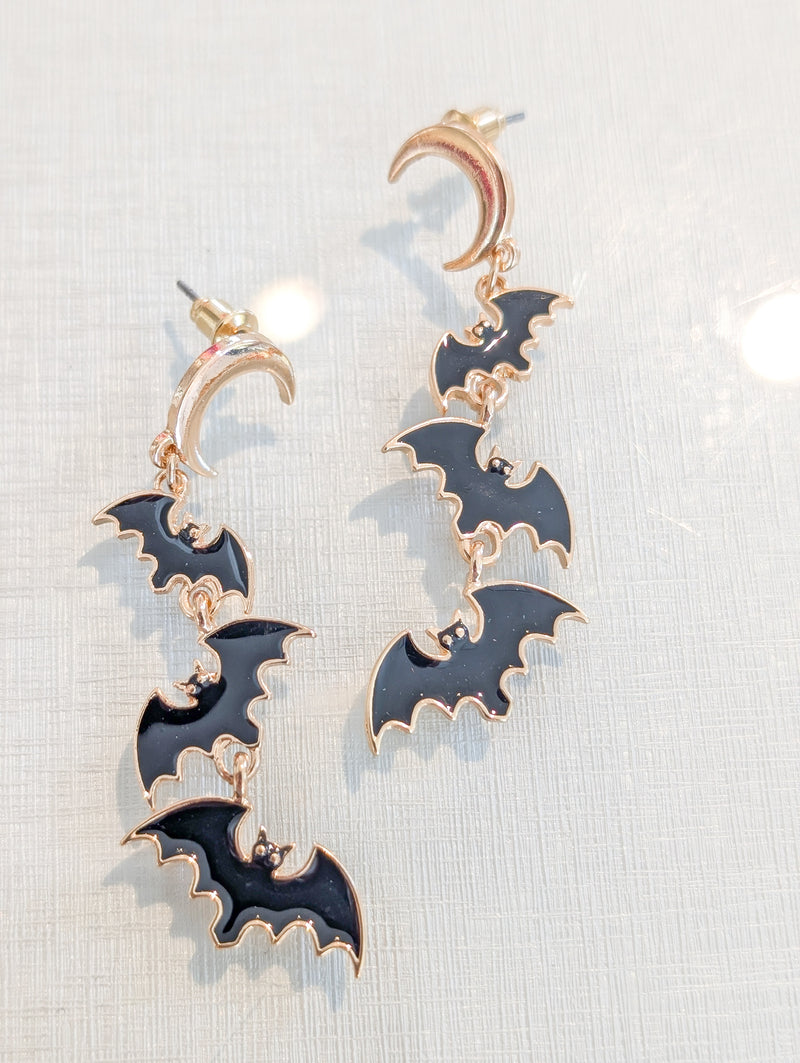 Gold Linked Black Enamel Moon & Bat Dangle Earrings