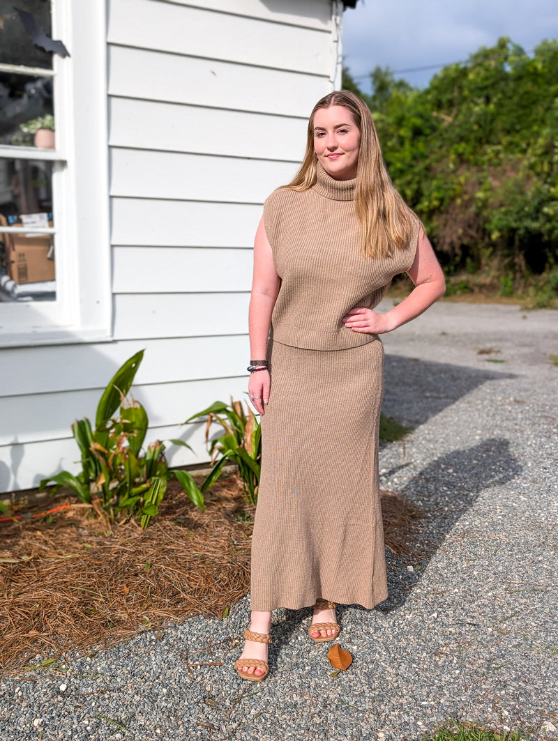 Dark Taupe Ribbed Turtleneck Vest Set