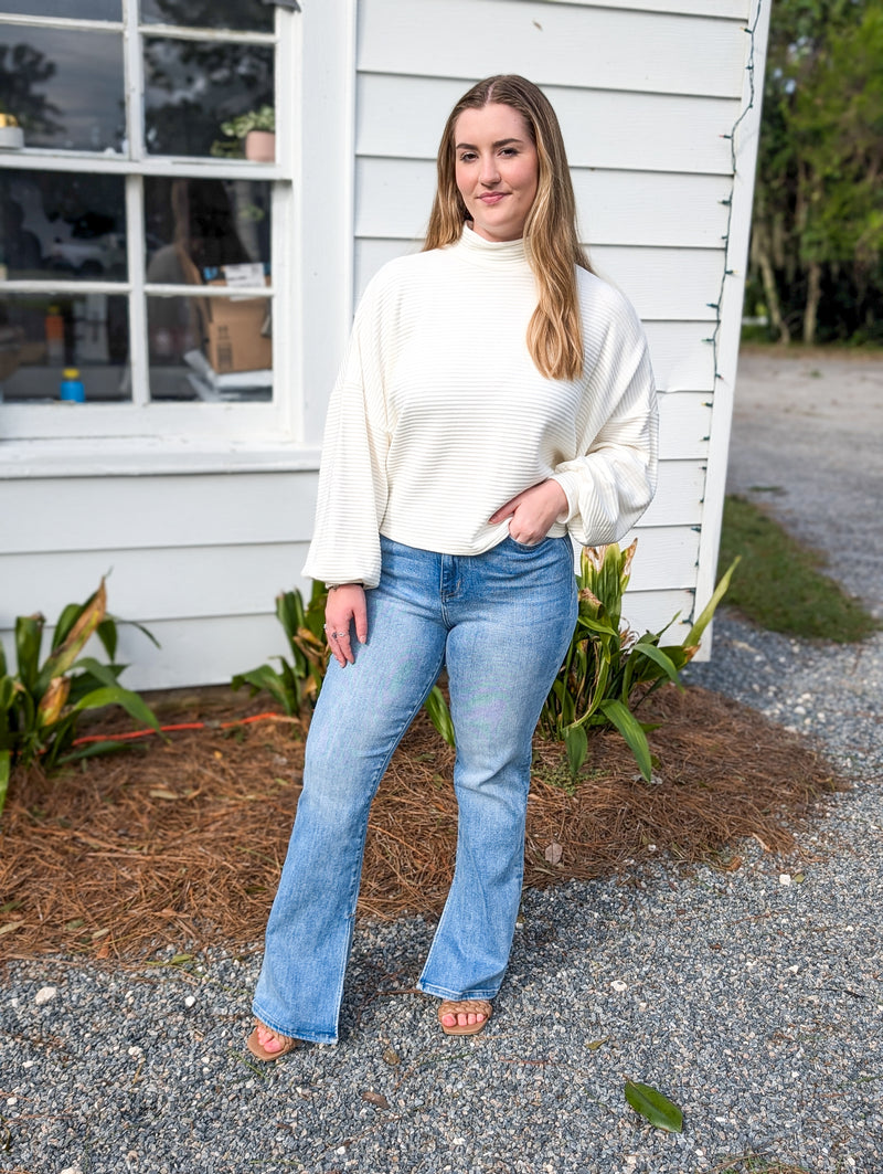 Oversized Ivory Mock Neck Dolman Sleeve Top