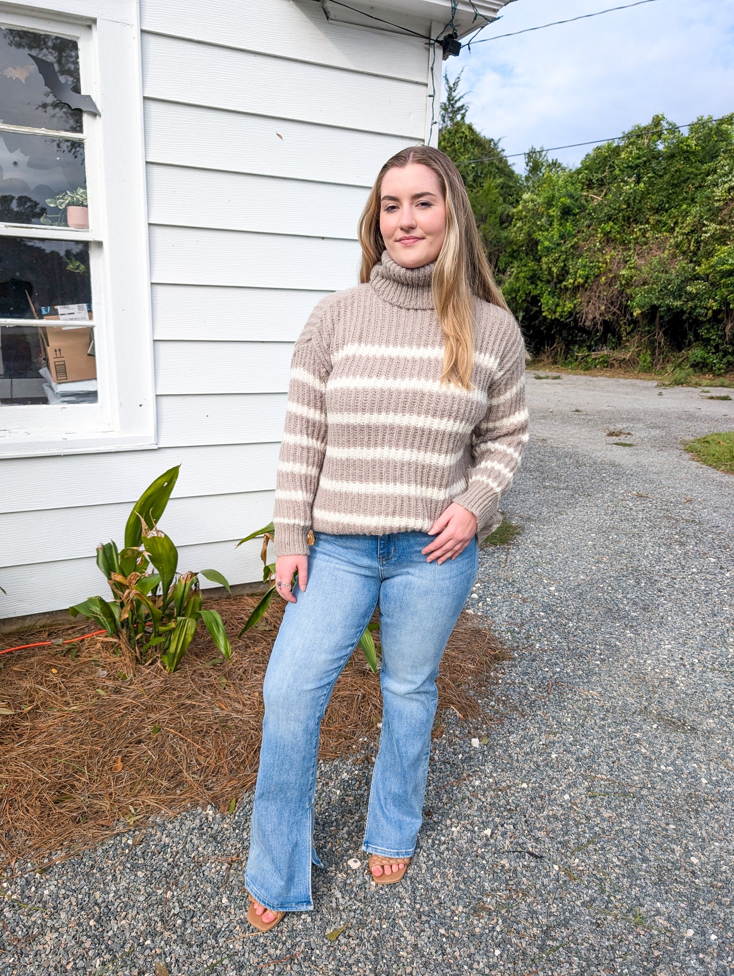 *Final Sale* Black and Moss Ivory Striped Turtle Neck Stripped Sweater