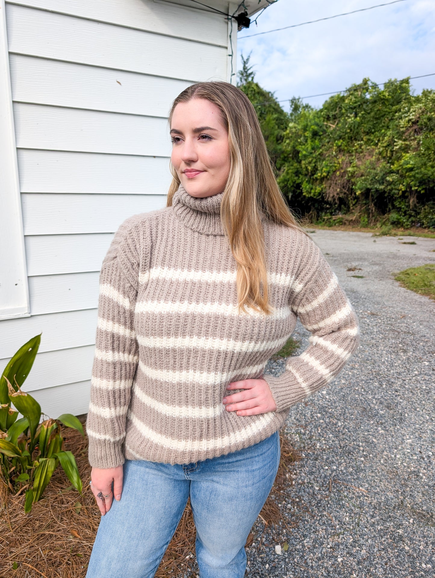 *Final Sale* Black and Moss Ivory Striped Turtle Neck Stripped Sweater