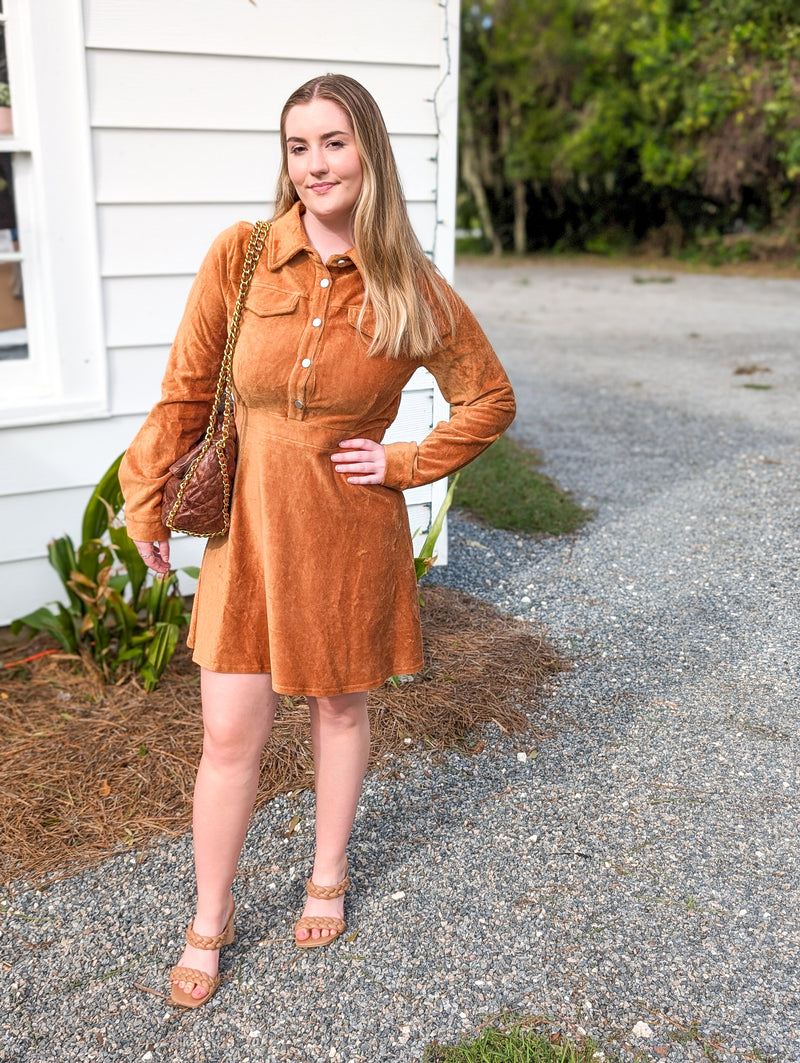 Camel Button Up Long Sleeve Shirt Mini Dress