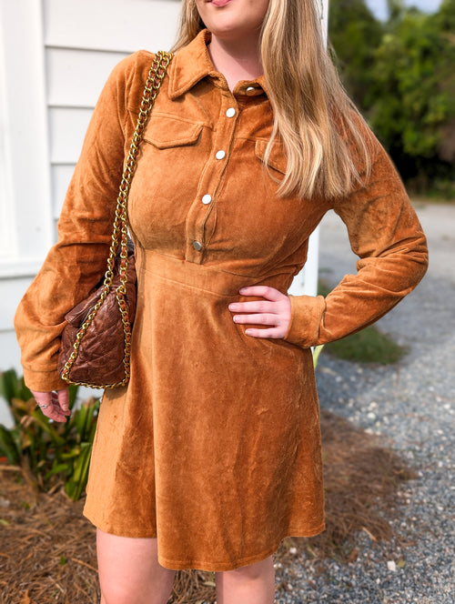 Camel Button Up Long Sleeve Shirt Mini Dress