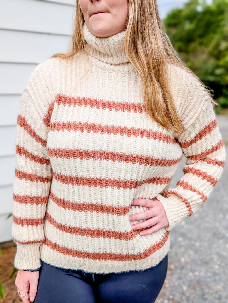 Ivory and Camel Striped Turtleneck Sweater