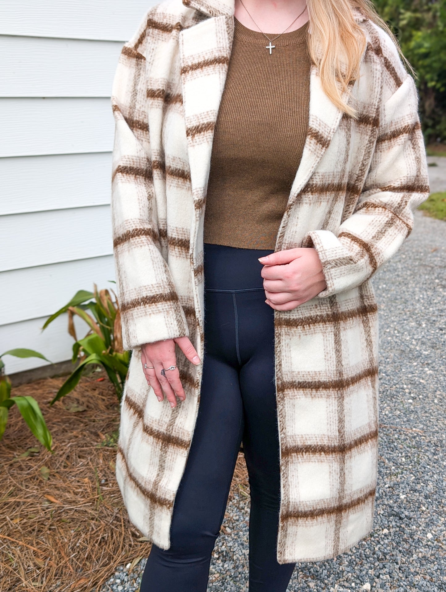 *Final Sale* Ivory And Brown Plaid Long Coat