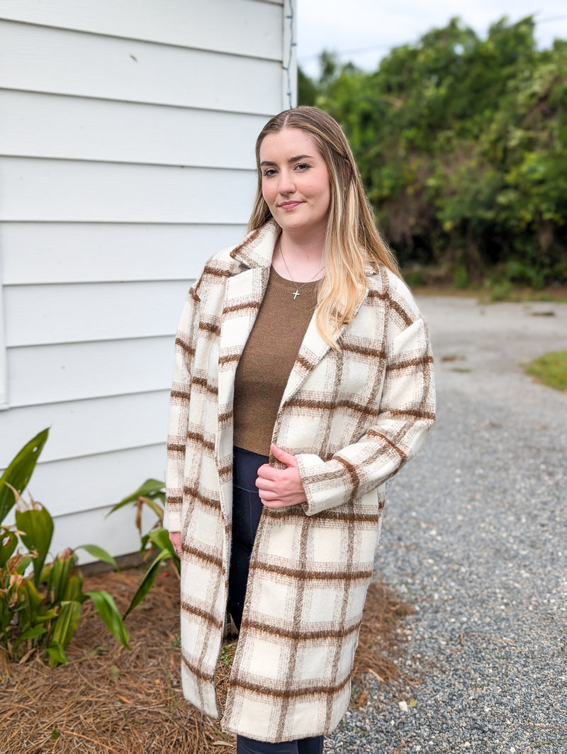 Ivory And Brown Plaid Long Coat