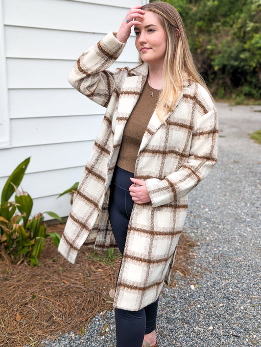 *Final Sale* Ivory And Brown Plaid Long Coat