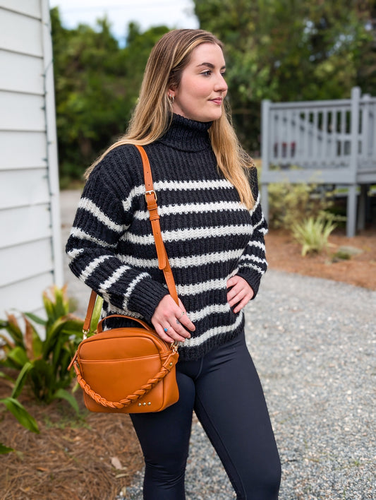 *Final Sale* Black and Moss Ivory Striped Turtle Neck Stripped Sweater