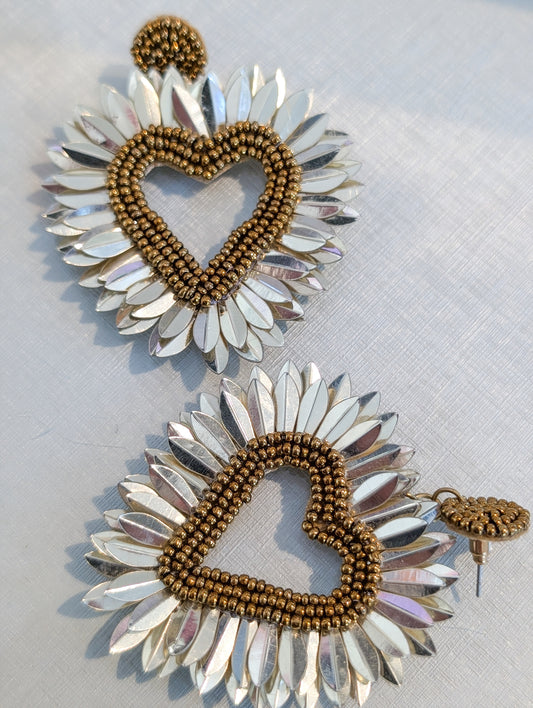 Gold Beaded Heart Statement Earring