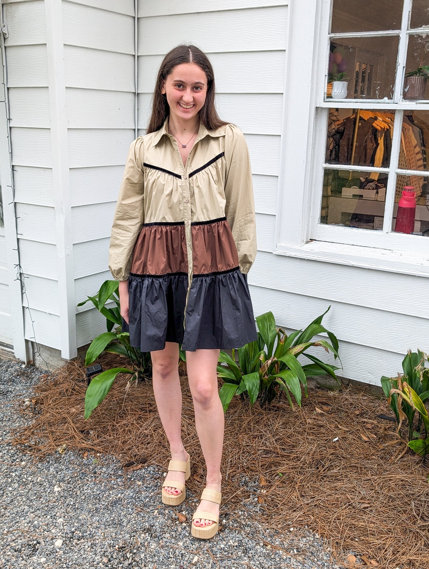 Multi Neutral Color Button Up Shirt Dress