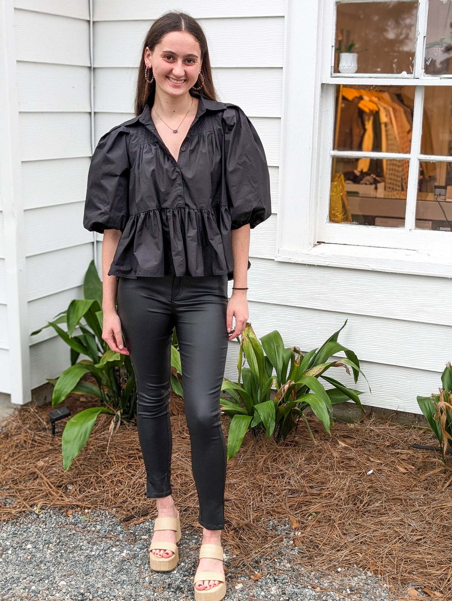 Black Puff Sleeve Button Up Blouse With Collar