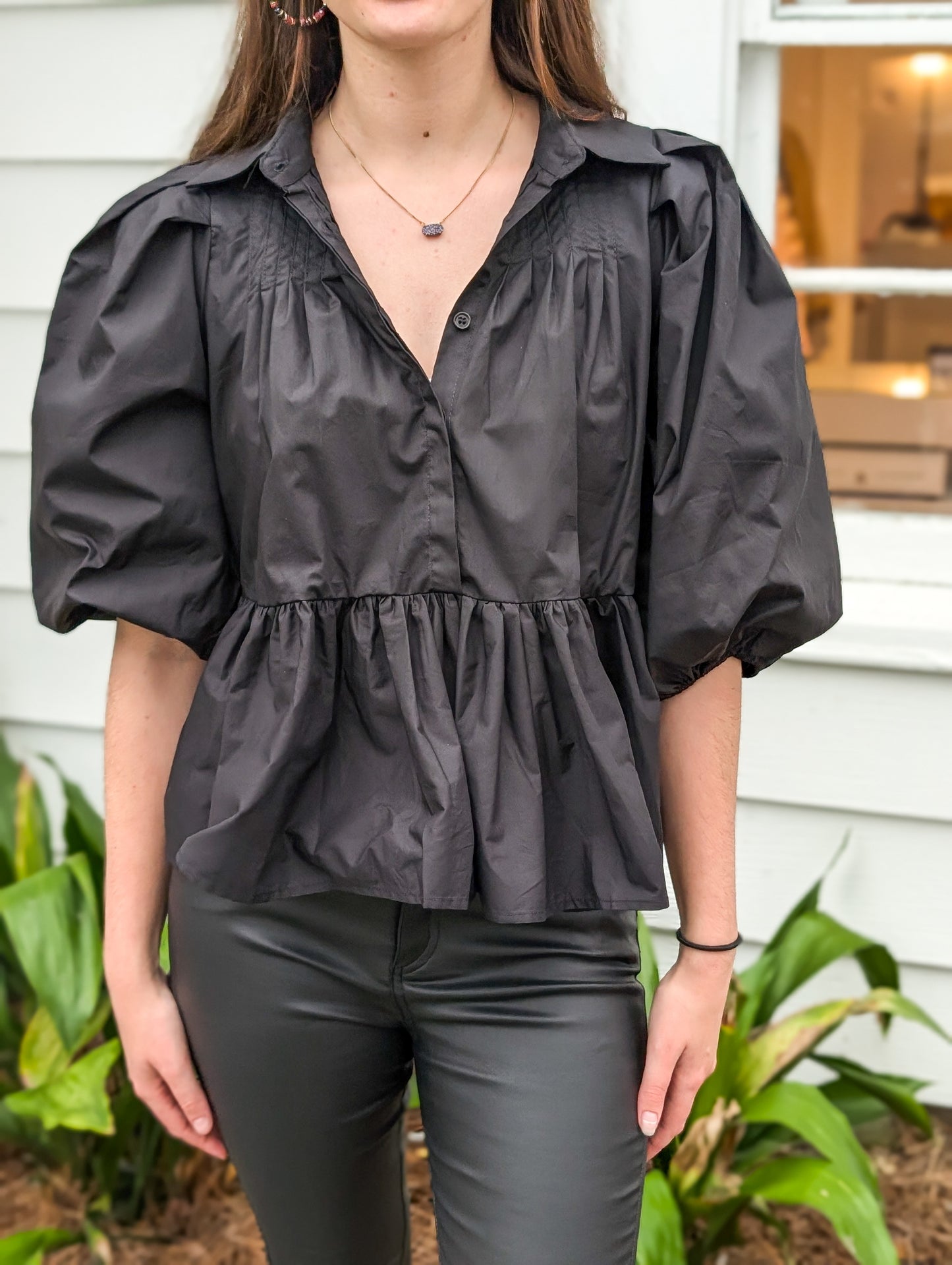 Black Puff Sleeve Button Up Blouse With Collar